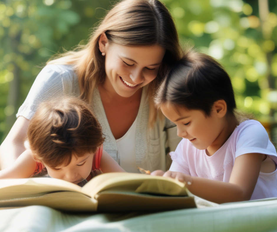 Mom and kids outside reading a book, homeschool, in the garden